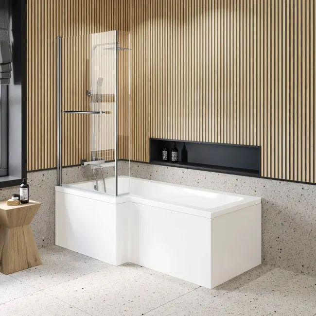 L Shaped 1700 Shower Bath with Front Panel & 6mm Easy Clean Screen with Rail - Left Handed