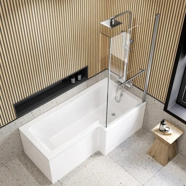 L Shaped 1700 Shower Bath with Front Panel & 6mm Easy Clean Screen with Rail - Right Handed