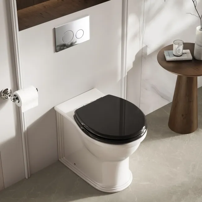 Alma Traditional Rimless Back To Wall Toilet With Gloss Black Wooden Soft Close Seat