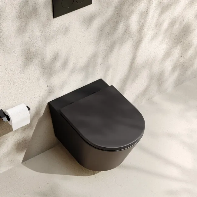 Loma Matt Black Rimless Wall Hung Toilet With Premium Soft Close Seat