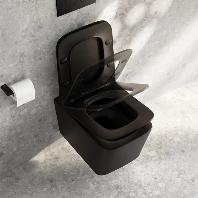 Kent Matt Black Rimless Tornado Wall Hung Toilet With Premium Soft Close Slim Seat