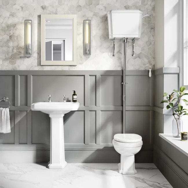Hudson Traditional Close Coupled Toilet With High-level Cistern & Pedestal Basin Set - Double Tap Hole