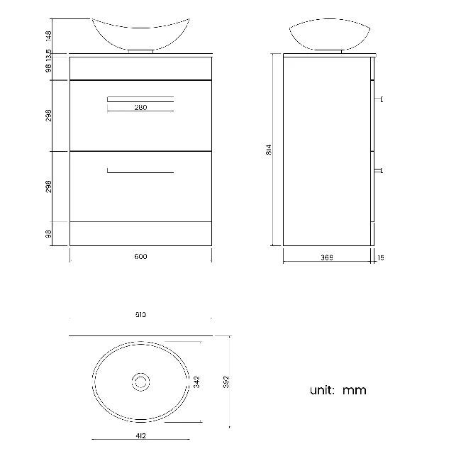 Avon Gloss White Vanity Drawer with Marble Top & Oval Counter Top Basin 600mm