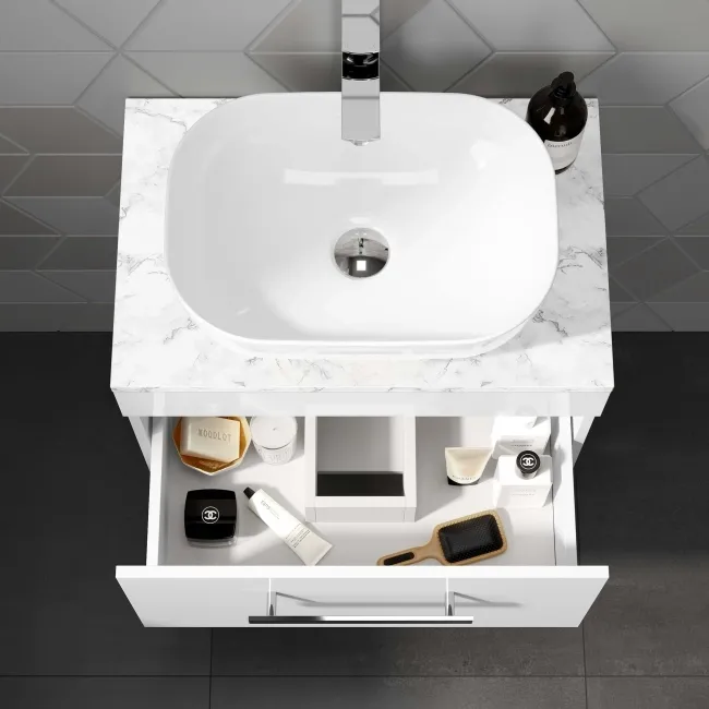 Avon Gloss White Wall Hung Drawer Vanity with Marble Top & Curved Counter Top Basin 600mm