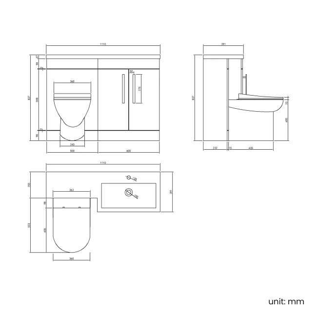 Avon Stone Grey Combination Vanity Basin and Aruba Toilet 1100mm - Right Handed