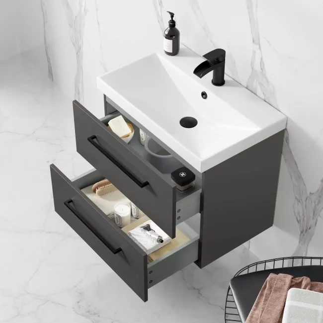 Elba Graphite Grey Wall Hung Basin Drawer Vanity 600mm - Black Accents