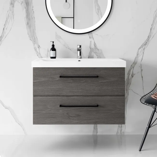 Elba Charcoal Elm Wall Hung Basin Drawer Vanity 800mm - Black Accents