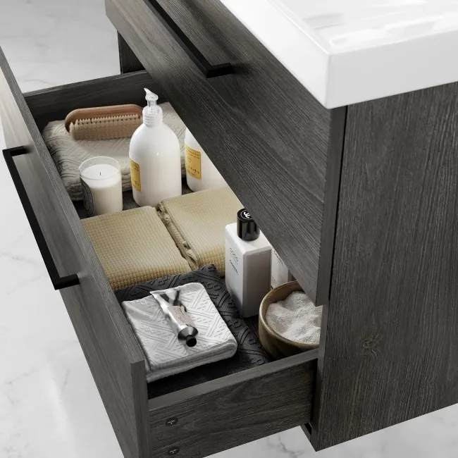 Elba Charcoal Elm Wall Hung Basin Drawer Vanity 800mm - Black Accents