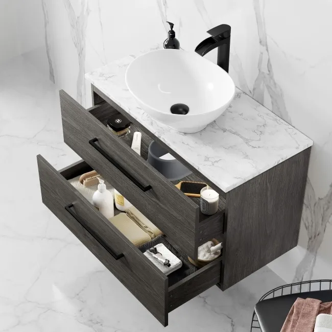 Elba Charcoal Elm Wall Hung Drawer Vanity with Marble Top & Oval Counter Top Basin 800mm - Black Accents
