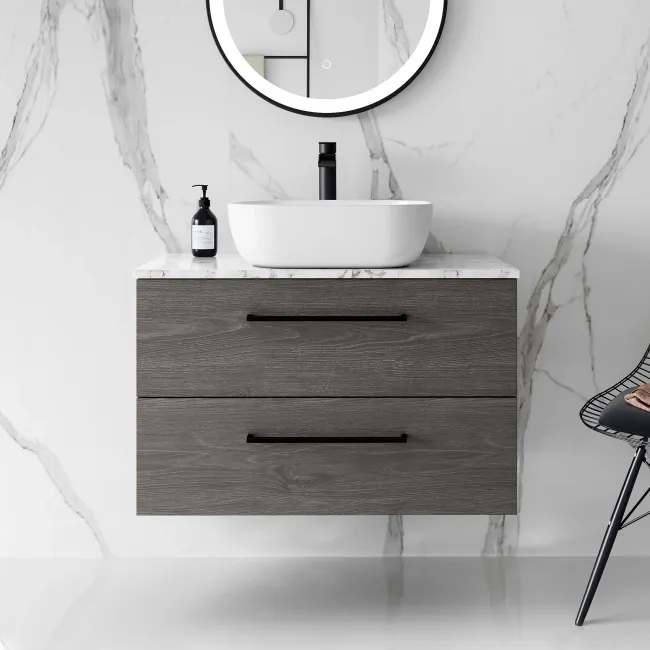 Elba Charcoal Elm Wall Hung Drawer Vanity with Marble Top & Curved Counter Top Basin 800mm - Black Accents