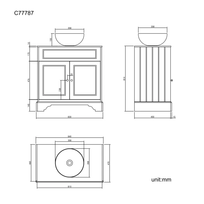 Lucia Graphite Grey Vanity with Marble Top & Round Counter Top Basin 840mm