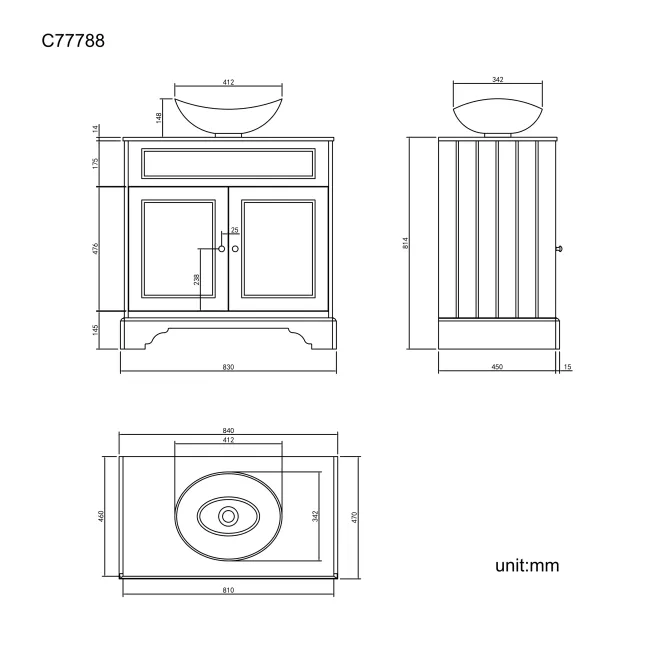 Lucia Graphite Grey Vanity with Marble Top & Oval Counter Top Basin 840mm