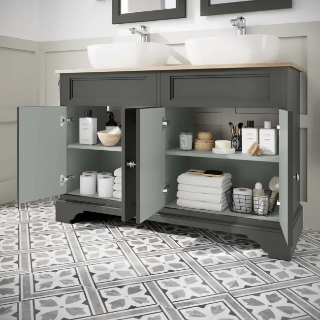 Lucia Graphite Grey Double Vanity with Oak Effect Top & Curved Counter Top Basin 1200mm