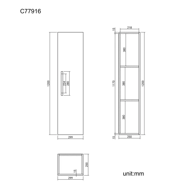 Avon Stone Grey Wall Hung Tall Cabinet Unit 1200x300mm - Black Accents
