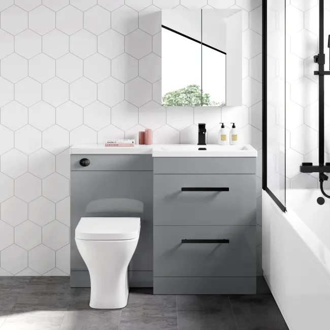 Avon Stone Grey Combination Basin Drawer and Atlanta Toilet 1100mm - Black Accents - Right Handed