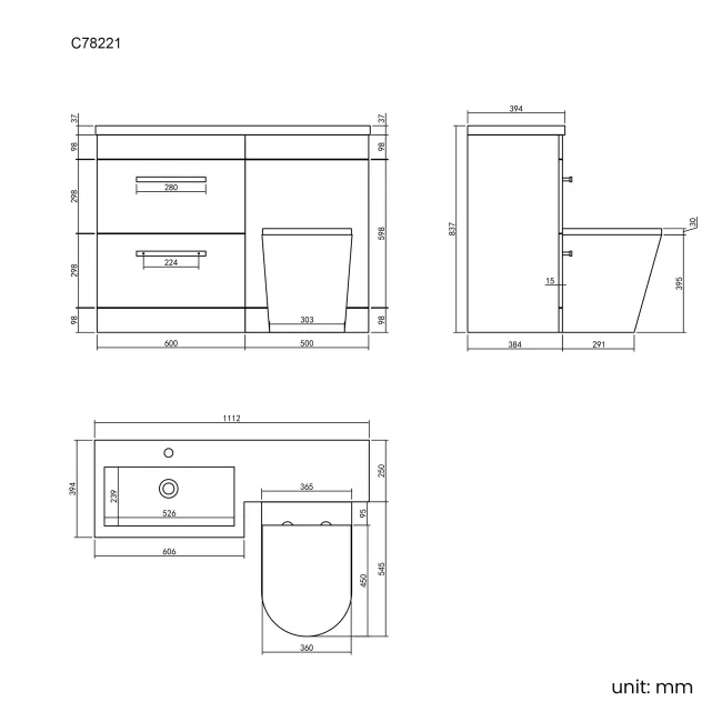 Avon Gloss White Combination Basin Drawer and Boston Toilet 1100mm - Left Handed