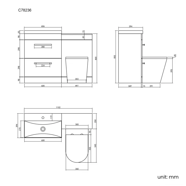 Avon Stone Grey Combination Basin Drawer and Boston Toilet 1100mm