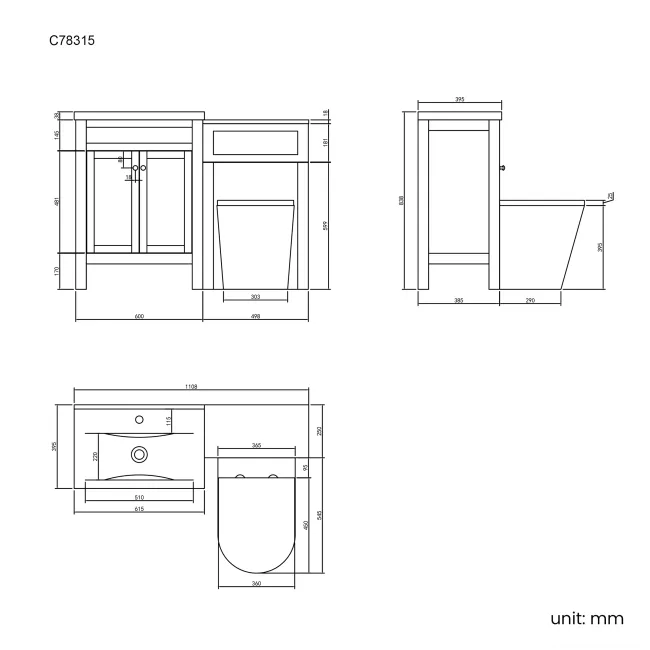 Bermuda Dove Grey Combination Vanity Basin and Boston Toilet 1100mm