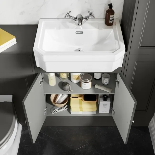 Monaco Graphite Grey Combination Vanity Traditional Basin and Hudson Toilet with Wooden Seat 1200mm