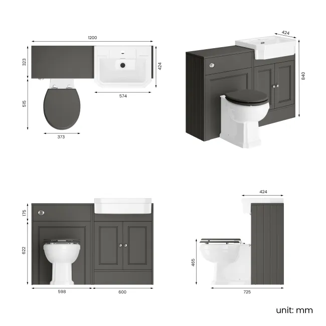 Monaco Graphite Grey Combination Vanity Traditional Basin and Hudson Toilet with Wooden Seat 1200mm