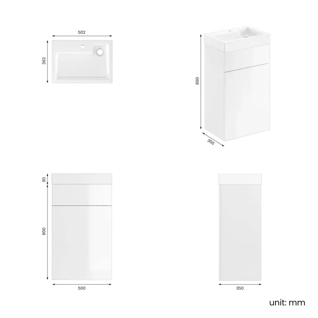 Ohio Gloss White 2-In-1 Combined Wash Basin & Back To Wall Unit 500mm