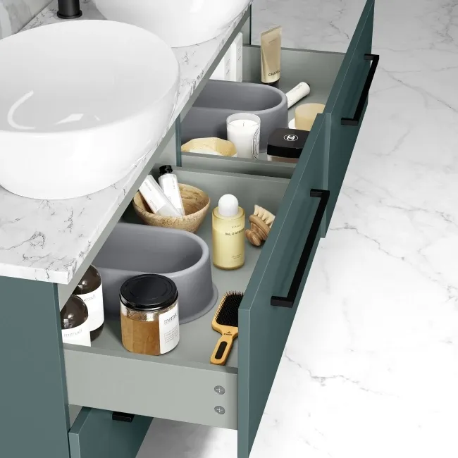 Elba Midnight Green Double Wall Hung Drawer Vanity with Marble Top & Oval Basin 1200mm - Black Accents