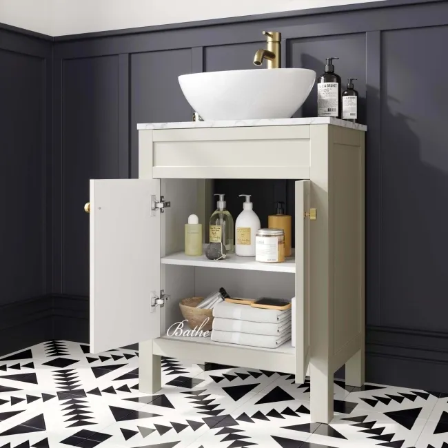 Bermuda Chalk White Vanity with Marble Top & Oval Counter Top Basin 600mm - Brushed Brass Accents