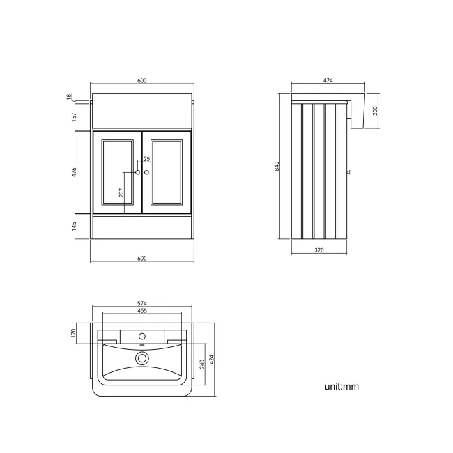 Monaco Graphite Grey Traditional Basin Vanity 600mm - Brushed Brass Accents
