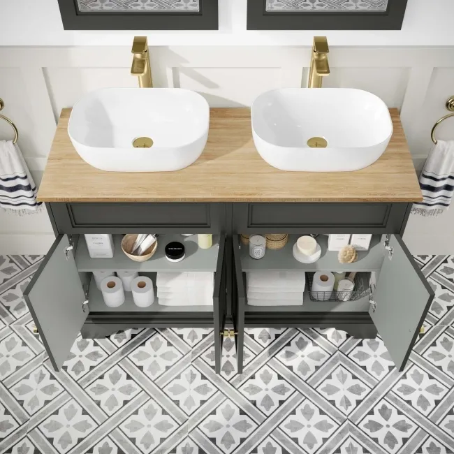Lucia Graphite Grey Double Vanity with Oak Effect Top & Curved Counter Top Basin 1200mm - Brushed Brass Accents