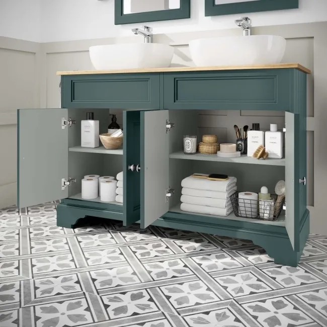 Lucia Midnight Green Double Vanity with Oak Effect Top & Curved Counter Top Basin 1200mm