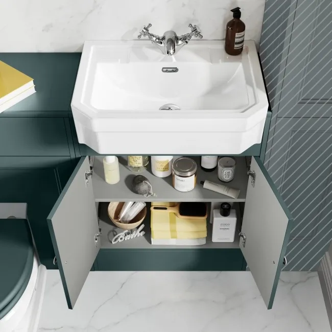 Monaco Midnight Green Combination Vanity Traditional Basin and Hudson Toilet with Wooden Seat 1200mm