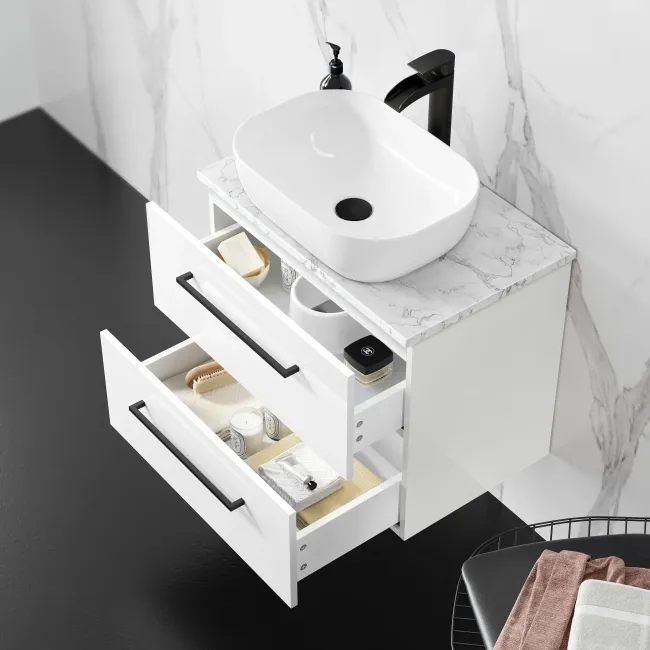 Elba Gloss White Wall Hung Drawer Vanity with Marble Top & Curved Counter Top Basin 600mm - Black Accents