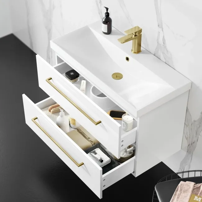 Elba Gloss White Wall Hung Basin Drawer Vanity 800mm - Brushed Brass Accents