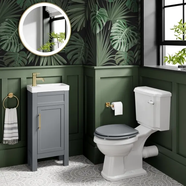 Bermuda Dove Grey Cloakroom Basin Vanity 400mm - Brass Knurled Handles