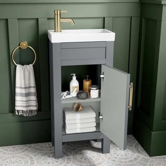 Bermuda Dove Grey Cloakroom Basin Vanity 400mm - Brass Knurled Handles