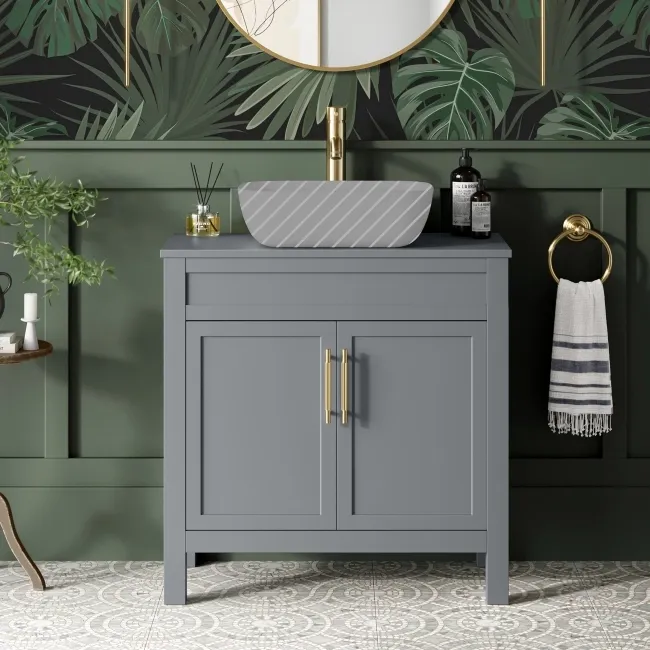 Bermuda Dove Grey Cabinet 800mm Excludes Counter Top Basin - Brass Knurled Handles