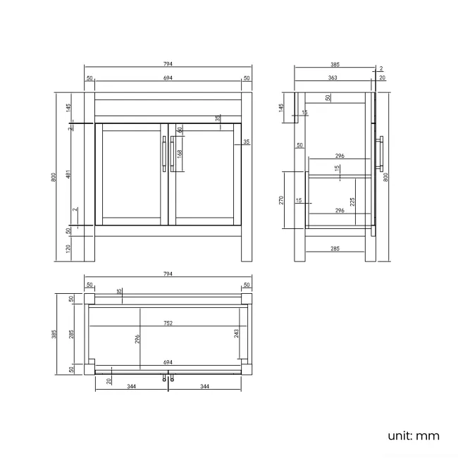 Bermuda Dove Grey Cabinet with Marble Top 800mm Excludes Counter Top Basin - Brass Knurled Handles
