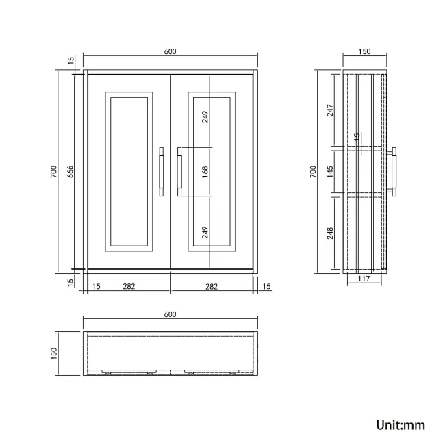 Chalk White Wall Hung Cabinet 700x600mm - Brass Knurled Handles