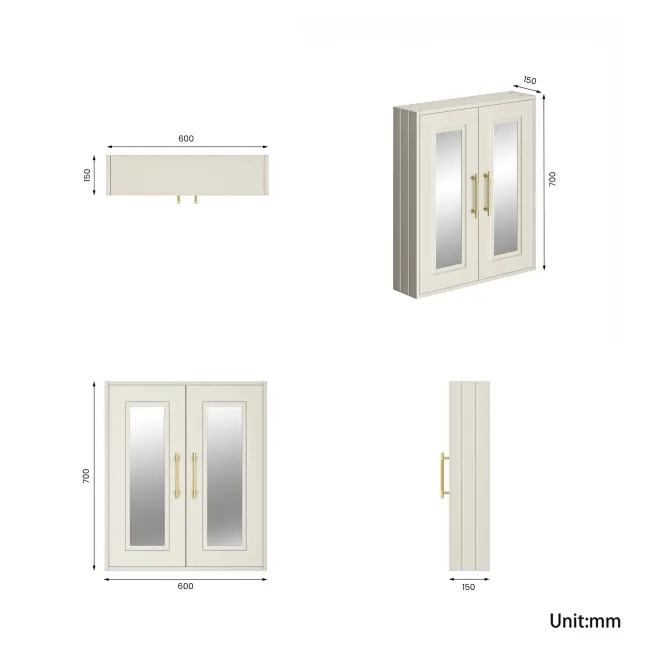 Chalk White Wall Hung Mirror Cabinet 700x600mm - Brass Knurled Handles