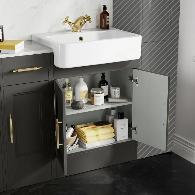 Monaco Graphite Grey Combination Vanity Basin with Marble Top 1500mm (Excludes Pan & Cistern) - Brass Knurled Handles
