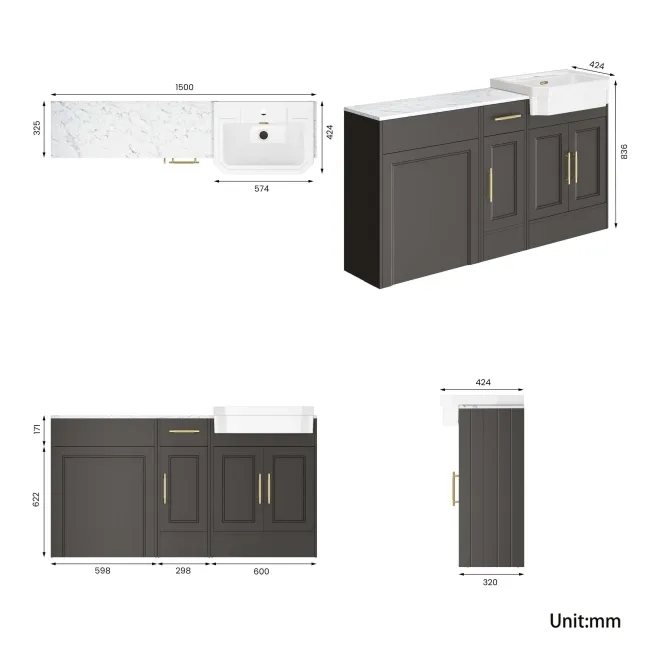 Monaco Graphite Grey Combination Vanity Traditional Basin with Marble Top 1500mm (Excludes Pan & Cistern) - Brass Knurled Handles