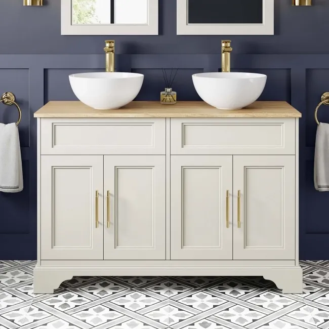 Lucia Chalk White Double Vanity with Oak Effect Top & Round Counter Top Basin 1200mm - Brass Knurled Handles