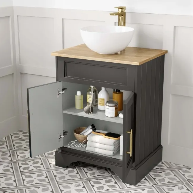 Lucia Graphite Grey Vanity with Oak Effect Top & Round Counter Top Basin 640mm - Brass Knurled Handles