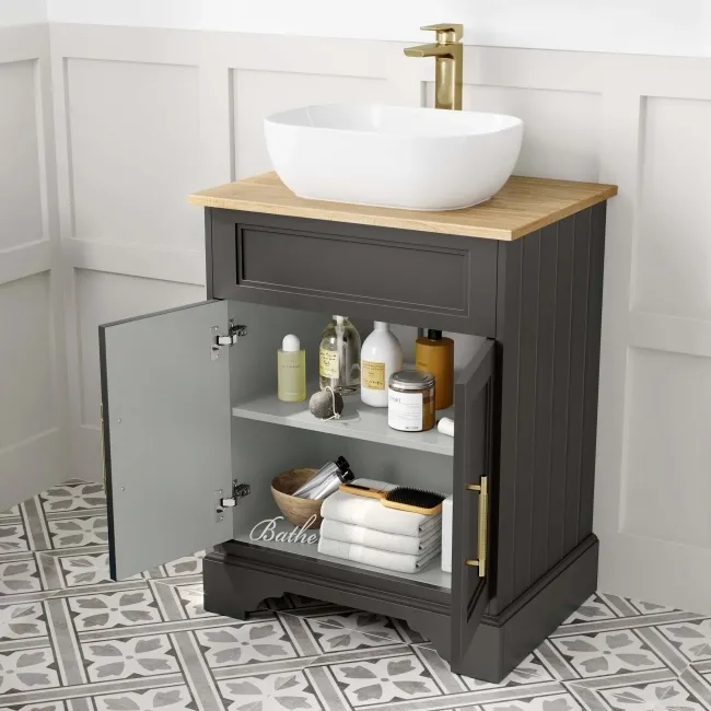 Lucia Graphite Grey Vanity with Oak Effect Top & Curved Counter Top Basin 640mm - Brass Knurled Handles