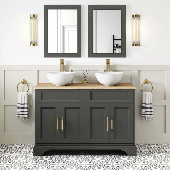 Lucia Graphite Grey Double Vanity with Oak Effect Top & Round Counter Top Basin 1200mm - Brass Knurled Handles
