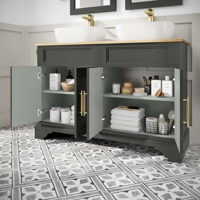 Lucia Graphite Grey Double Vanity with Oak Effect Top & Curved Counter Top Basin 1200mm - Brass Knurled Handles