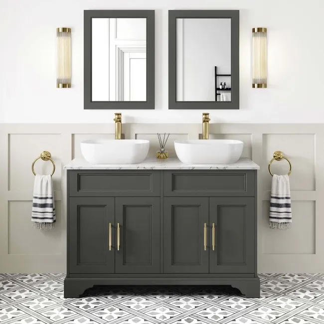 Lucia Graphite Grey Double Vanity with Marble Top & Curved Counter Top Basin 1200mm - Brass Knurled Handles