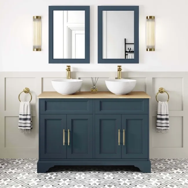 Lucia Inky Blue Double Vanity with Oak Effect Top & Round Counter Top Basin 1200mm - Brass Knurled Handles