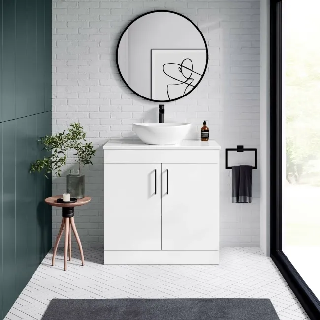 Mersey Gloss White Vanity with Oval Basin 800mm - Black Accents