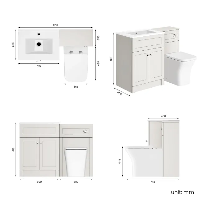 Milos Cotton White Combination Vanity Basin and Houston Toilet 1100mm - Chrome Handles